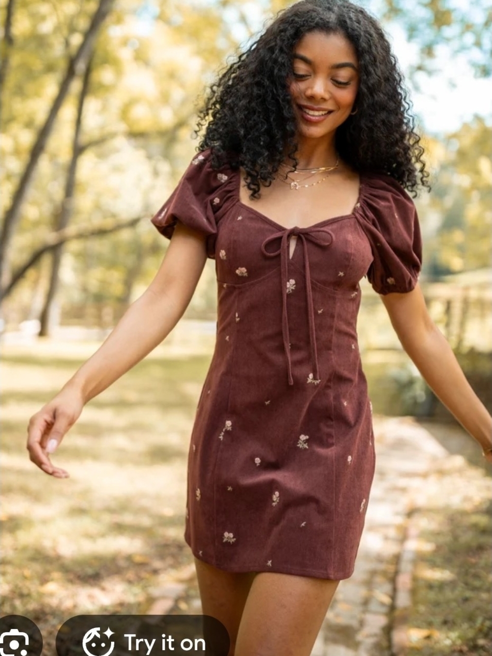 Pink Lily Burgundy Puff Sleeve Tie-Front Mini Dress with Floral Embroidery